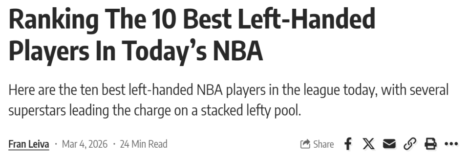 球速体育-NBA现役左撇子球员TOP10！勇士波杰压线入选 一人力压哈登排第一